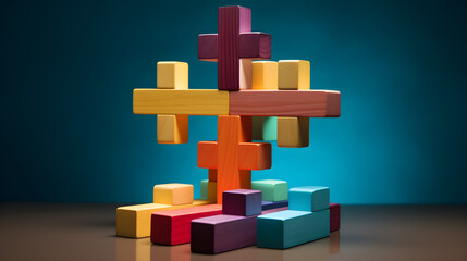 A vibrant cross made from children's building blocks. Ideal for Sunday schools, religious education, and spiritual learning. 