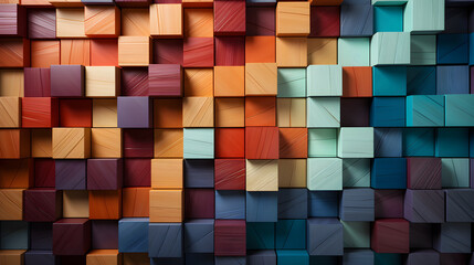 Background made of colourful wooden cubes. Ideal for educational settings, sensory play, and design projects