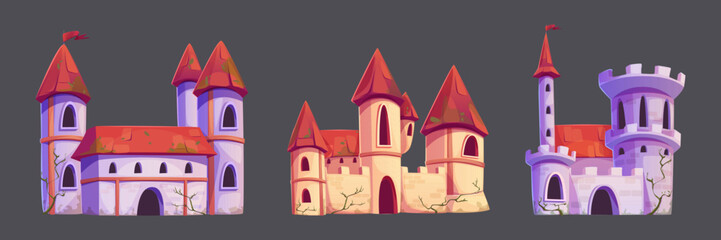 Medieval castles set isolated on background. Vector cartoon illustration of ancient royal palaces with red roofs and flags on top of stone towers, arch windows and entrance gates, fairytale fortress