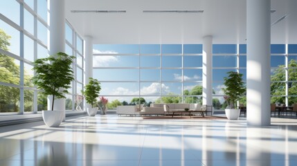 Interior of empty open space office area in modern luxury building. Glossy floor, white columns, plants in pots, chillout area, huge floor-to-ceiling windows with urban view. Template, 3D rendering.