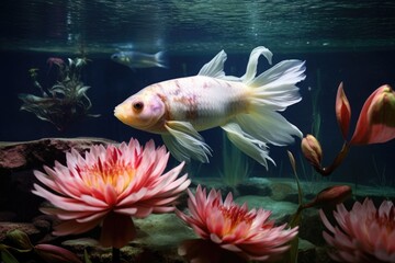 fish in an aquarium, interacting with a floating water lily