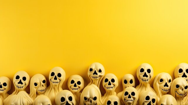 Bright Halloween background with toy heads of ghosts in yellow color