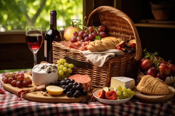open picnic basket with sandwiches, fruits and wine