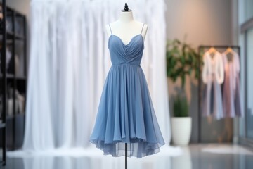 Elegant blue dress on mannequin showcasing modern fashion trends in boutique setting, generative ai.