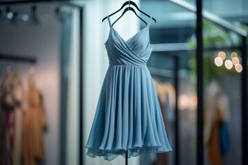 Obraz premium Elegant blue dress on mannequin showcasing modern fashion trends in boutique setting.
