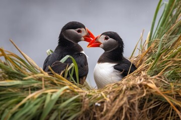puffin parent and chick sharing fish on grassy hilltop