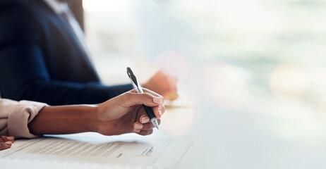 Hands, business woman and pen for planning employee schedule, administration and company agenda in...