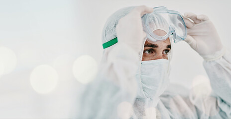 Man, face mask and PPE with goggles and safety, Covid compliance with mockup space and bokeh. Health, protection gear and virus with healthcare banner, disinfection and medical person with danger