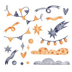 Obraz premium A set with gray and yellow stars, clouds and garlands. Watercolor illustration. Child. Cute. Collection. Sky. Dreams. Handmade work. Art. Design. Holidays. Cartoon. Baby. Night. Comets.