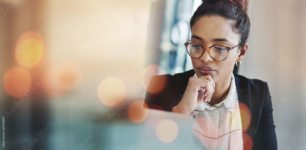 Aufkleber business woman, thinking and planning on computer for human resources solution, recruitment website 