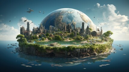 Symbolic 3D image of the globe with elements of human activity and nature landscape. Eliminate waste and pollution, save clean planet. Saving nature for future generations. Earth Day, ecology concept.