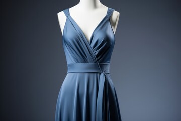 Elegant blue dress on mannequin showcasing modern fashion trends in boutique setting, generative ai.