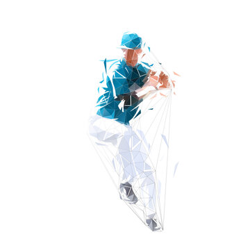 Baseball pitcher throwing, low poly logo illustration from triangles. Isolated vector drawing