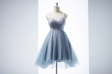 Elegant blue dress on mannequin showcasing modern fashion trends in boutique setting, generative ai.