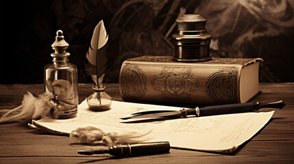Obraz na płótnie Canvas Quill pen with inkwell on wooden desk