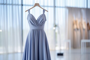 Elegant blue dress on mannequin showcasing modern fashion trends in boutique setting, generative ai.