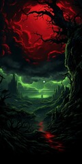 halloween background landscape with moon with red green hues and creepy trees