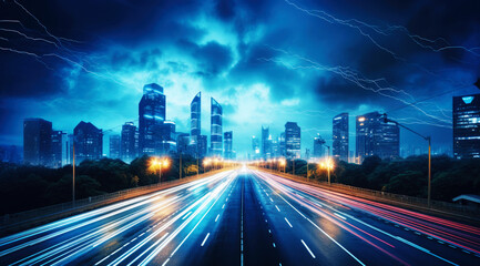 Obraz premium Highway in the city at night with lightning and car light trails