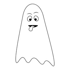 Ghost. Sketch. Mischievous facial expression. Spirit teasing shows tongue. Vector illustration. Doodle style. Coloring book for children. Casting. Outline on isolated background. Halloween symbol. 