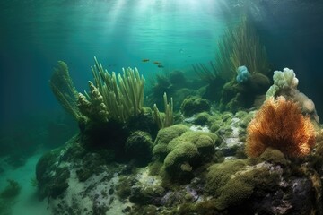Naklejka na ściany i meble ocean floor scene with sea cucumber feeding on algae
