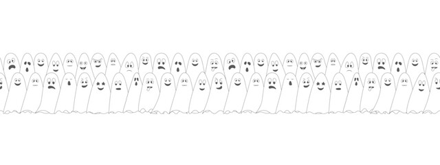 Ghosts. White spirit. Ghosts with different grimaces. Seamless horizontal border. Repeating vector pattern. Cartoon style. White linen suit. Idea for web design. All Saints' Day.
