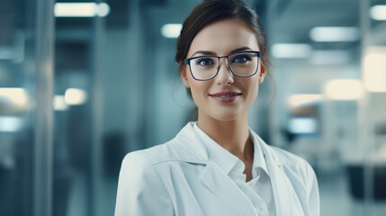 Fototapeta premium Portrait of a young female scientist against the backdrop of a modern laboratory
