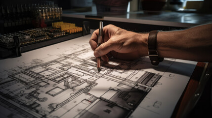 Male Architector or engineer create a blueprint of the future building