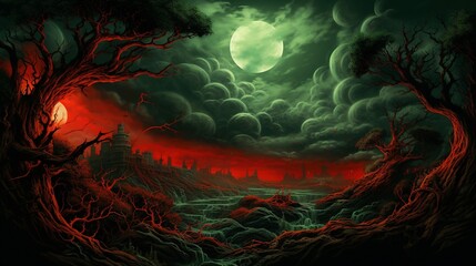 Obraz premium halloween background landscape with moon with red green hues and creepy trees