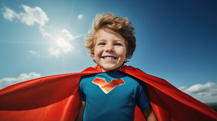 Smiling superhero boy on blue sky background - obrazy, fototapety, plakaty