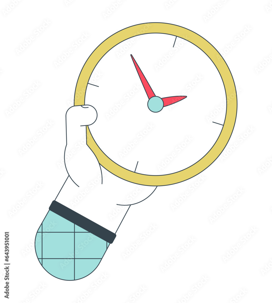 Poster holding clock for checking time flat line concept vector spot illustration. showing time 2d cartoon 