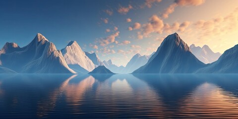 3d render, fantasy landscape panorama with mountains reflecting in the water. Abstract background. Spiritual zen wallpaper with skyline, Generative AI