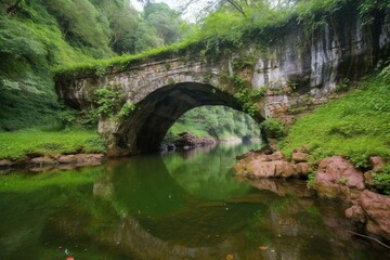 ancient cave's stone arch bridge spans emerald ponds. Generative AI