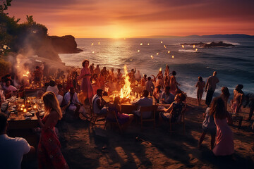 Party people dancing and enjoying on resort beach pool sunny disco, trendy fashionable, with drinks, celebrating holiday. 