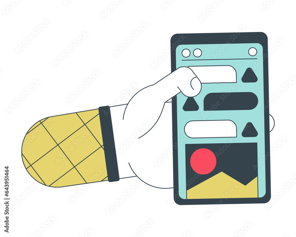 Poster smartphone in hand flat line concept vector spot illustration. screen. notifications on phone displa