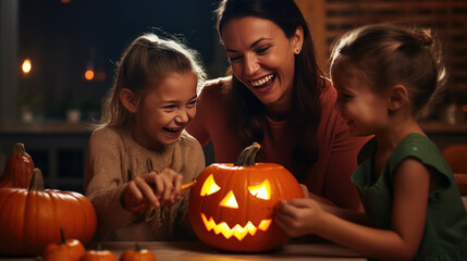 Happy mother with little kids preparing pumpkins for Halloween at home.