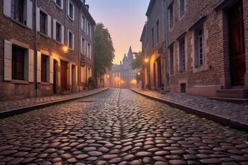 freshly swept cobblestone street at dawn