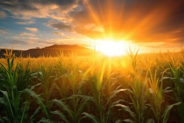 golden sun rays illuminating cornfield rows