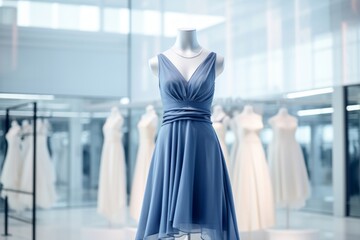 Elegant blue dress on mannequin showcasing modern fashion trends in boutique setting, generative ai. - obrazy, fototapety, plakaty