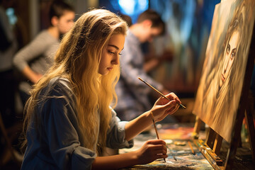 girl student learns to paint pictures at art college - 643951869
