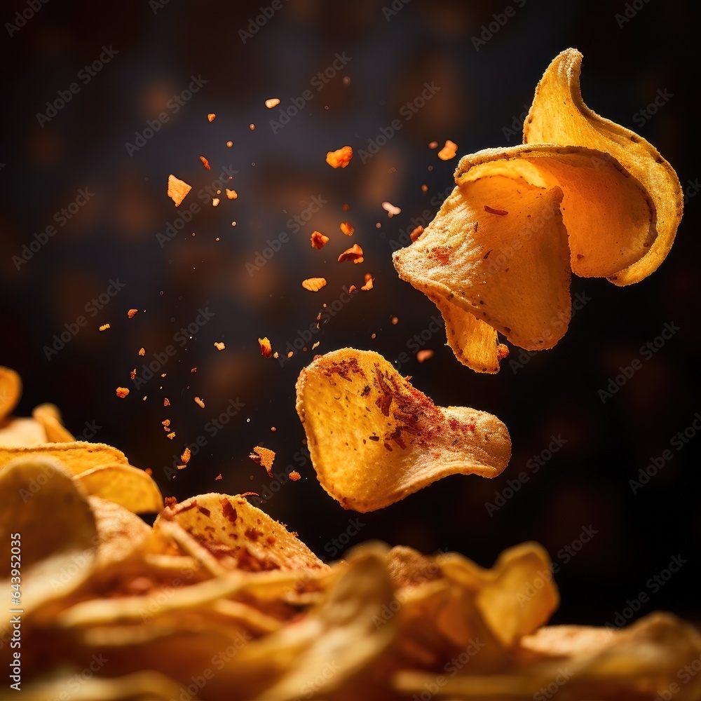 Wall mural flying tasty potato chips on the dark background. generative ai.