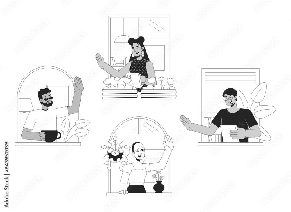 Poster diverse neighbors greeting bw concept vector spot illustration. communicative people 2d cartoon flat