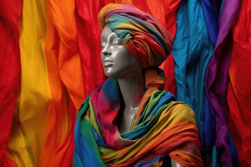 colorful fabric draped over a mannequin