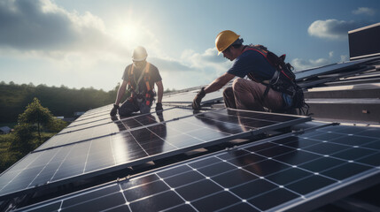 Group of workers install solar panels on top of a building