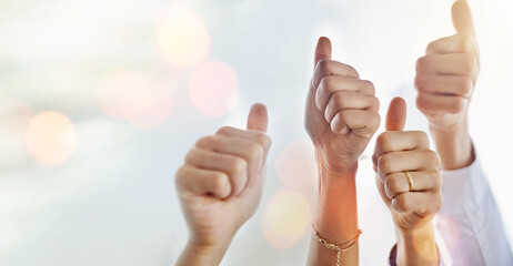 Mockup, success or hands of business people with thumbs up for approval on sky background. Teamwork, community or closeup of employees with solidarity or group support for growth, like or okay sign