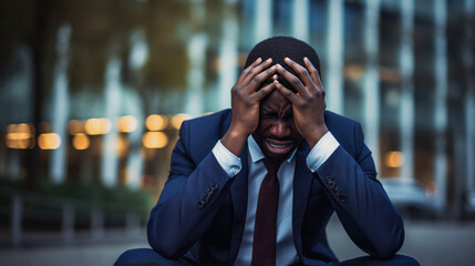 Businessman in a suit holds his head from fatigue, overworking and depression against a backdrop of office buildings