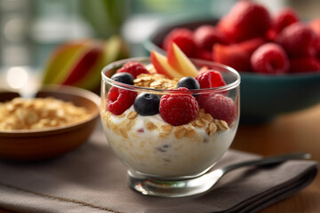 Sweet yogurt with berries at table at breakfast