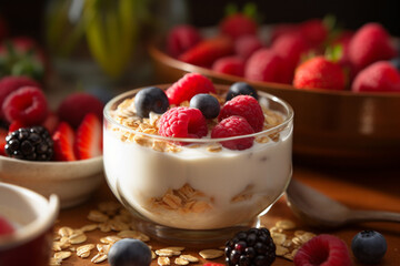 Sweet yogurt with berries at table at breakfast