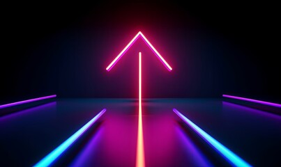 3d render, abstract minimalist geometric background. Colorful neon ascending arrow, linear sign, Generative AI