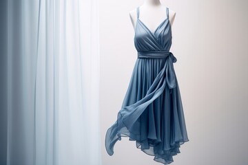 Elegant blue dress on mannequin showcasing modern fashion trends in boutique setting, generative ai.