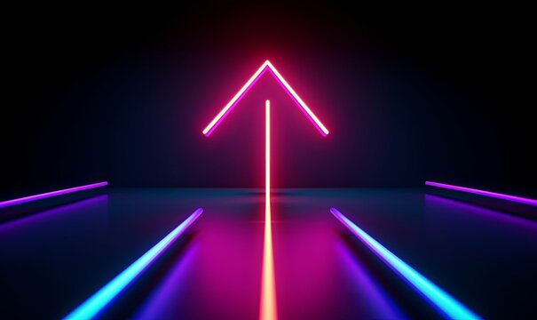3d render, abstract minimalist geometric background. Colorful neon ascending arrow, linear sign, Generative AI